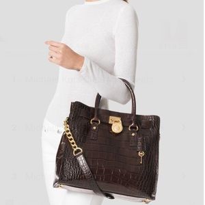 MICHAEL Michael Kors Women's Brown Tote Hamilton North South Croc Embossed Purse